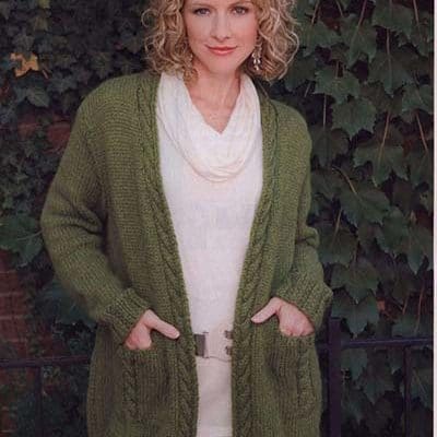 Green cardigan with cables-free knitting pattern